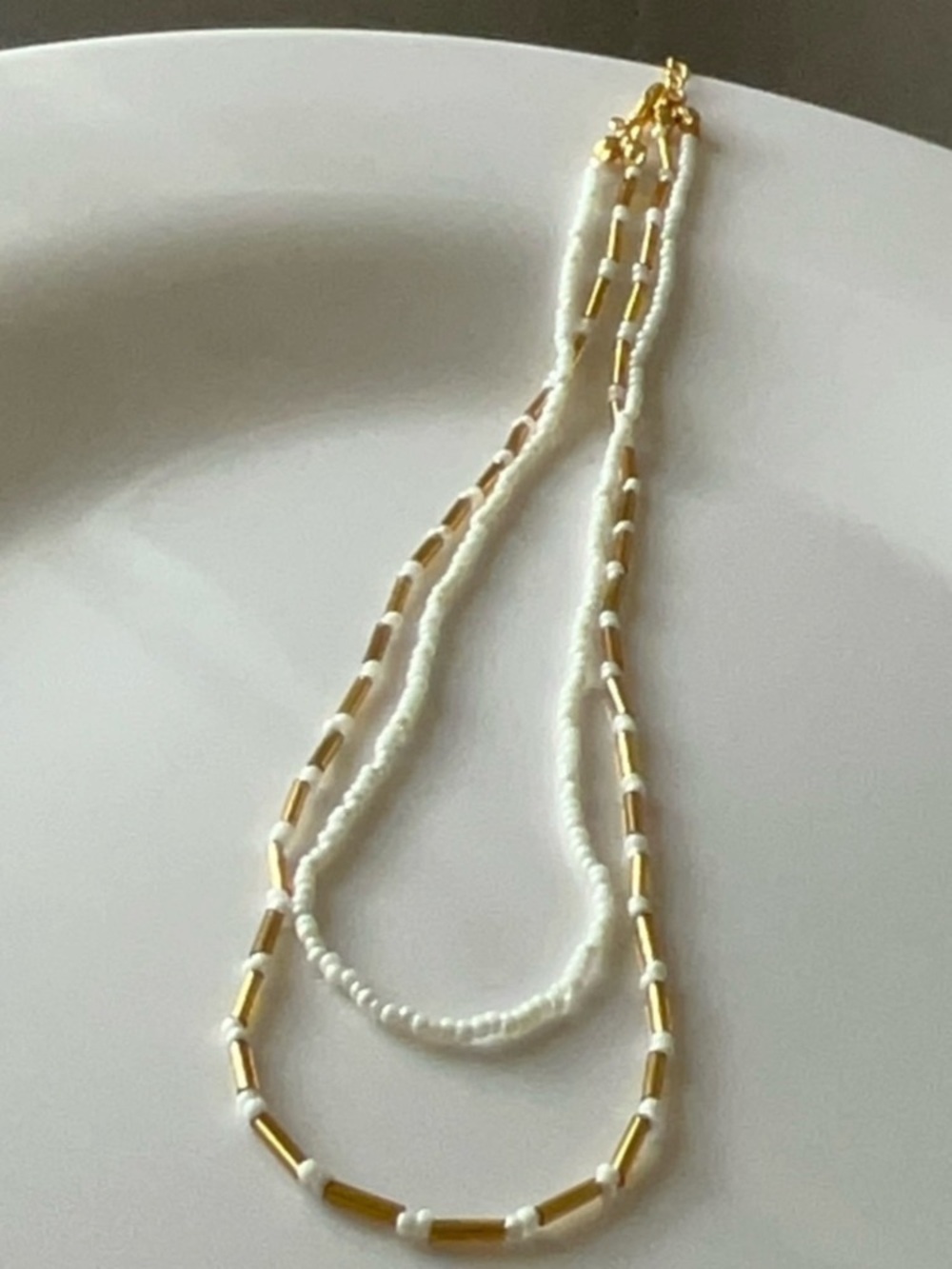 Exquisite  Yellow Gold and White Beaded Layered Necklace
